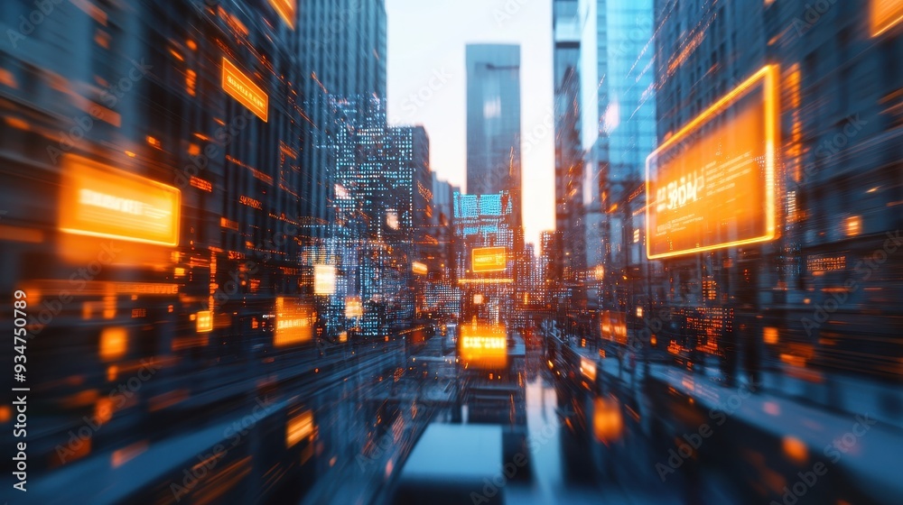 Futuristic 3D Cityscape with Floating 2D Digital Billboards Featuring AI-Generated Content Futuristic 3D Cityscape with Floating 2D Digital Billboards Featuring AI-Generated Content