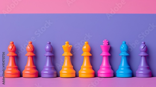 Colorful row of pawns isolated on purple and pink background photo