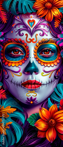 A woman's face is painted with flowers and skulls. The colors are bright and vibrant, giving the image a festive and celebratory mood