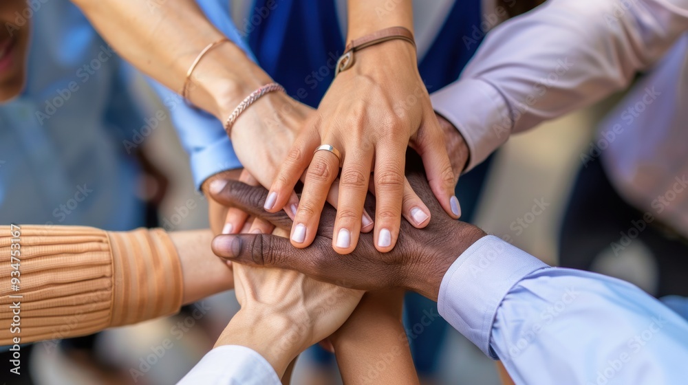 Fototapeta premium Professional business team in a close-up top view, hands stacked together to signify unity and teamwork.