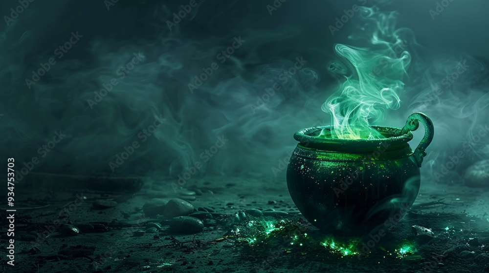 Halloween witch cauldron with green potion and smoke on dark background. Halloween witch cauldron with green potion and smoke on dark background.