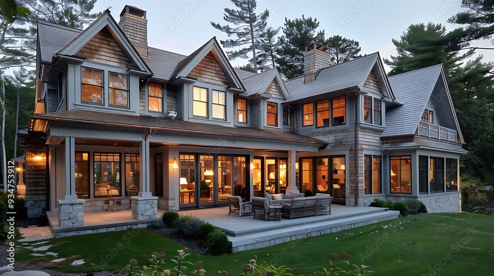 Luxury home with evening lighting. The architecture is modern and the exterior is beautifully designed with stone, brick, and wood elements. Luxury home with evening lighting. The architecture is modern and the exterior is beautifully designed with stone, brick, and wood elements.