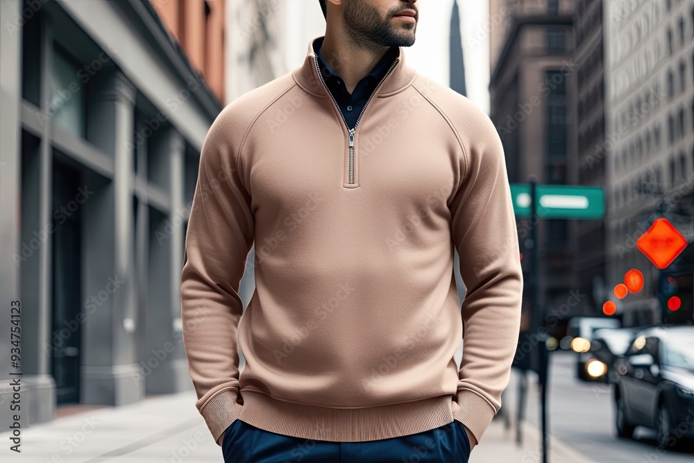 Fototapeta premium Trendy Beige Quarter Zip Pullover Sweater Mockup with Stylish Bottom View