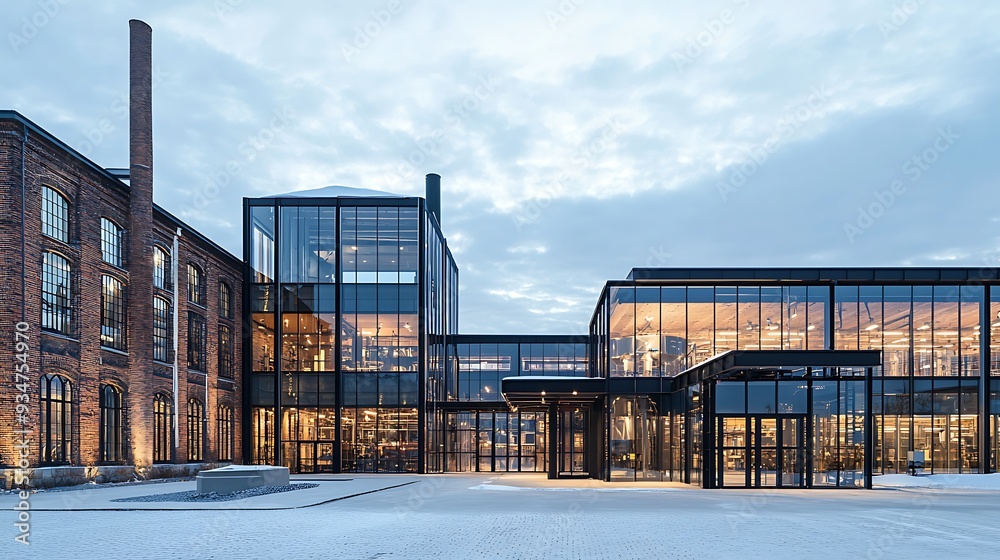 Modern Industrial Building with Glass Facade and Brick Wall in Winter Modern Industrial Building with Glass Facade and Brick Wall in Winter