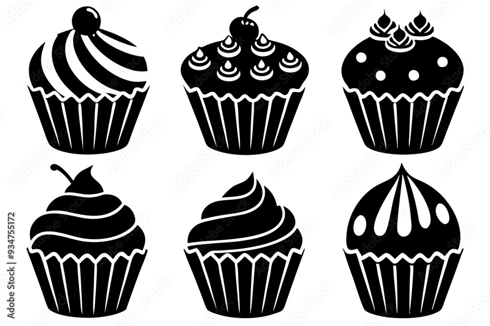 Set of black cupcakes icon, Collection of cupcake silhouette vector illustration