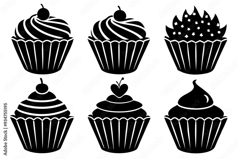 Set of black cupcakes icon, Collection of cupcake silhouette vector illustration Set of black cupcakes icon, Collection of cupcake silhouette vector illustration