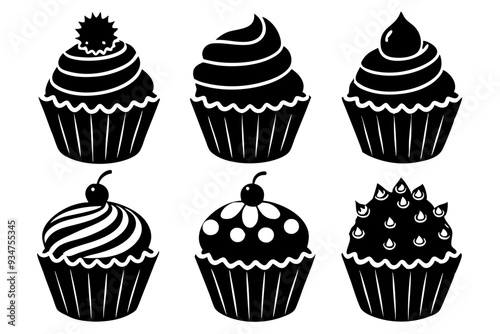 Set of black cupcakes icon, Collection of cupcake silhouette vector illustration