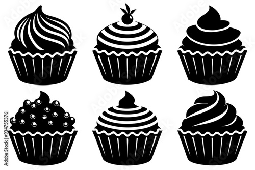 Set of black cupcakes icon, Collection of cupcake silhouette vector illustration