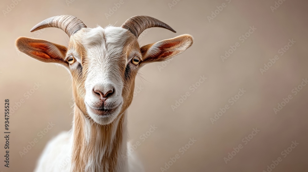 Carefully lit studio shot of a goat, soft lighting highlighting fur textures and horns, set against a clean, minimalistic backdrop. Carefully lit studio shot of a goat, soft lighting highlighting fur textures and horns, set against a clean, minimalistic backdrop.