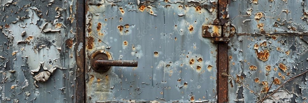 Weathered entrance door or hatch with gray peeling paint leading to a fallout shelter. Weathered entrance door or hatch with gray peeling paint leading to a fallout shelter.