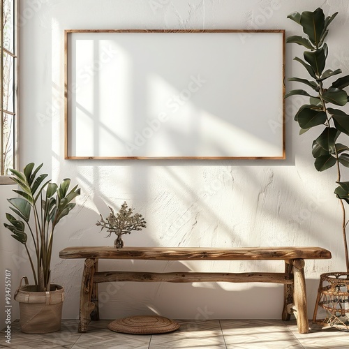 Study with white blank canvas in a horizontal frame mockup, featuring thin stained wood frame, lots of sunlight, and modern interior decor.