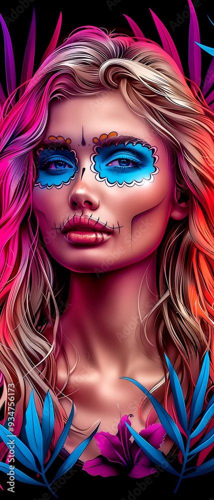 Fototapeta premium A woman with a skull painted on her face. The skull is surrounded by flowers and leaves. The woman has blue and pink makeup on her face