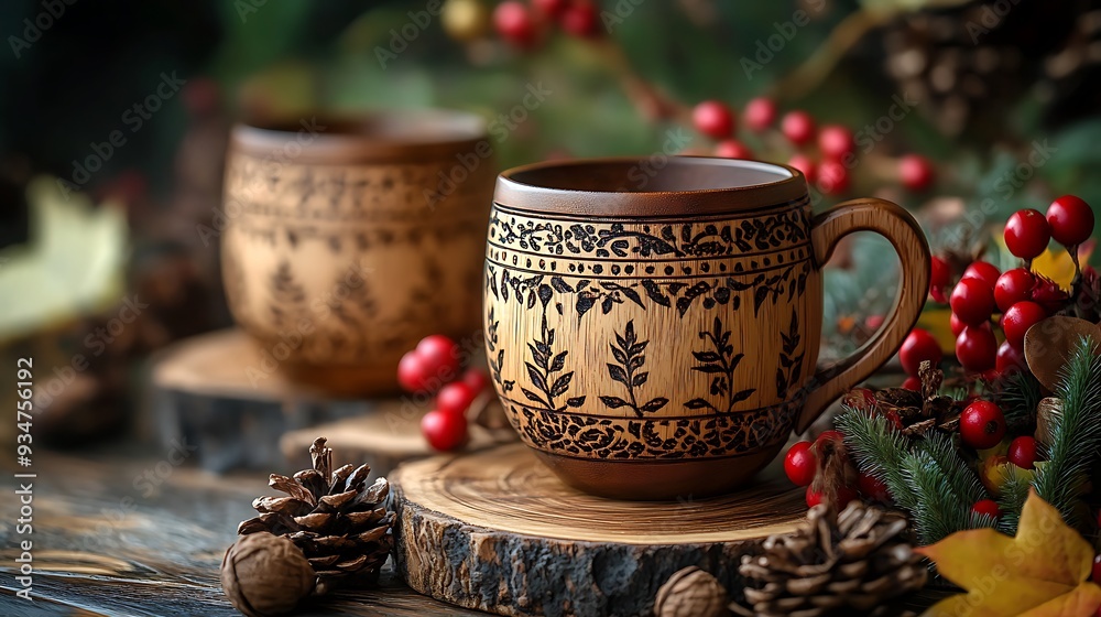 custom made wallpaper toronto digitalA rustic wooden mug with autumn decorations on a wooden table, celebrating the season�s warmth and charm.