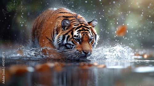 Tiger navigating a rain-drenched jungle, with raindrops cascading off its fur and puddles forming around it.