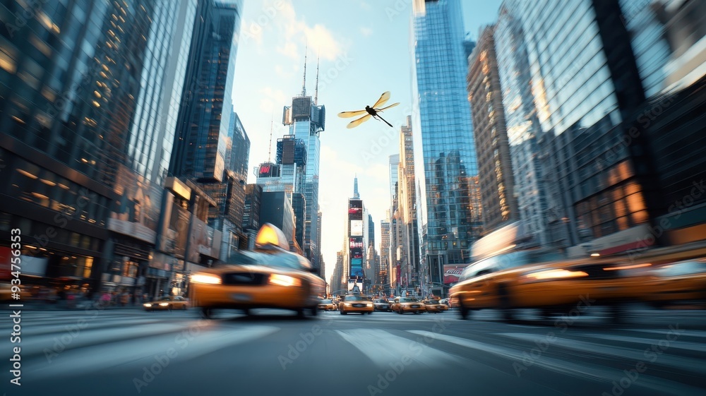 Naklejka premium Whimsical dragonfly fluttering through a bustling city street, with skyscrapers and traffic providing a dramatic backdrop to its agile flight.