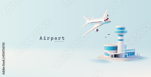 3D, modern airport building, passenger plane. Banner for business, ticketing, transportation, and travel concepts. Realistic image. Web banner. Vector
