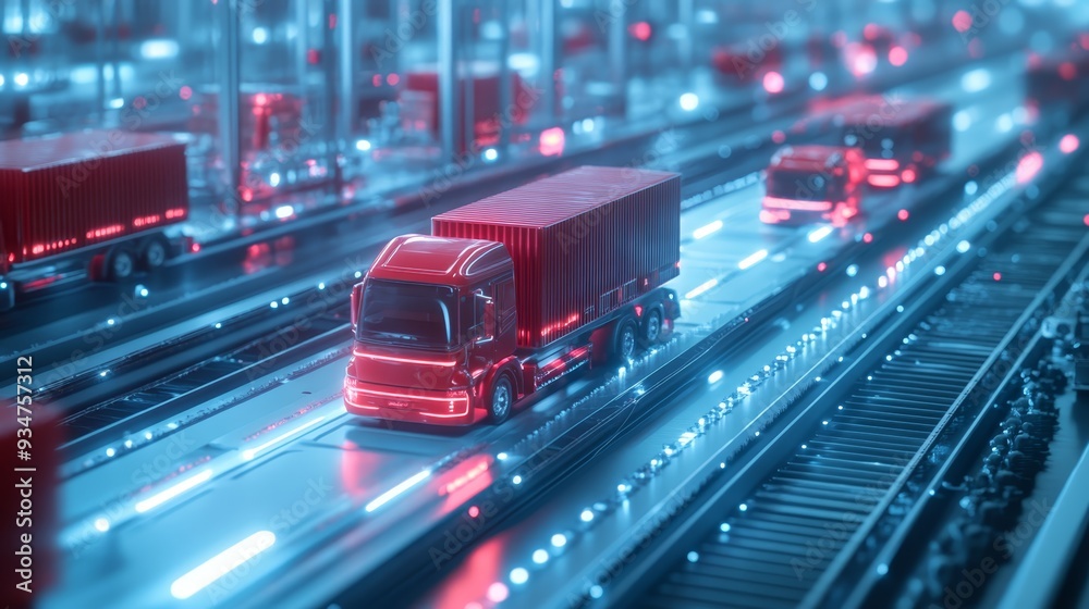 Futuristic Red Truck on Automated Highway with Neon Lights Futuristic Red Truck on Automated Highway with Neon Lights