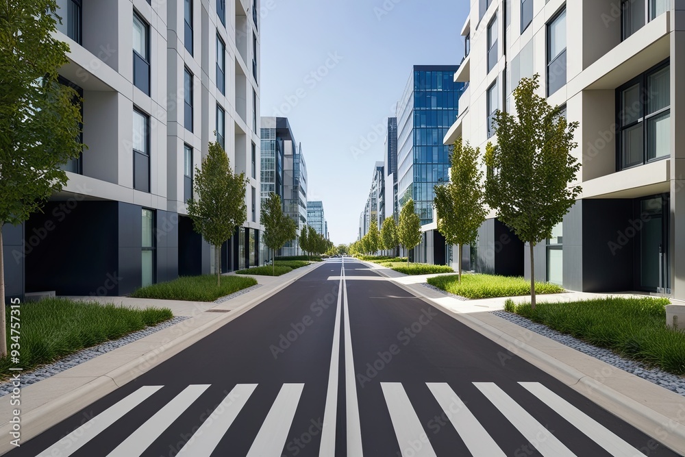 Spotless Urban Street Surrounded by Modern Architecture in a Contemporary Cityscape Spotless Urban Street Surrounded by Modern Architecture in a Contemporary Cityscape