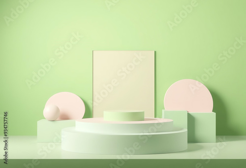 Pastel colors product podium shapes on green pastel, Empty showcase for cosmetic product promotion presentation