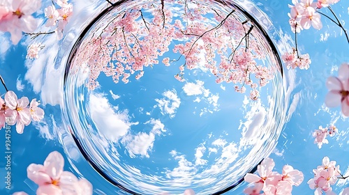 Pink Cherry Blossoms  with Blue Sky and White Clouds in a Little Planet Effect photo