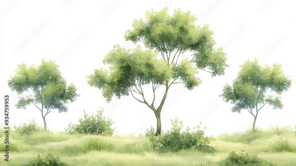 Fototapeta premium Green Trees and Grass in a Summer Meadow Landscape