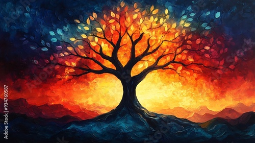 Tree of Life Wellness abstract representation of tree growing mind branch filled vibrant glowing leaf Each leaf represents positive thought or emotion symbolizing growth nurturing of mental wellness