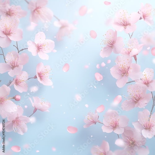 水色の背景に風に散る花びらが美しいピンクの桜