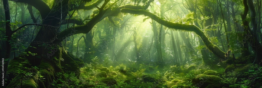 Mystical woodland featuring thick moss-laden trees and lush green foliage, with sunlight streaming through the treetops, fostering a tranquil and enchanting ambiance. Mystical woodland featuring thick moss-laden trees and lush green foliage, with sunlight streaming through the treetops, fostering a tranquil and enchanting ambiance.