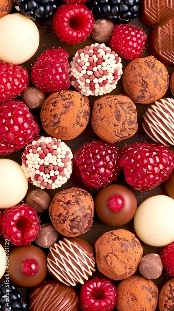 A close up of a dessert table with a variety of desserts including chocolate covered strawberries, chocolate covered raspberries, and chocolate covered cherries A close up of a dessert table with a variety of desserts including chocolate covered strawberries, chocolate covered raspberries, and chocolate covered cherries