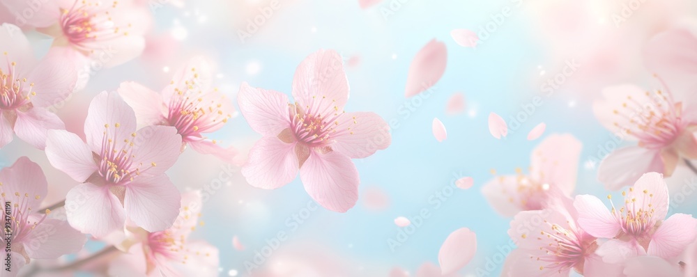 水色の背景に風に散る花びらが美しいピンクの桜 水色の背景に風に散る花びらが美しいピンクの桜