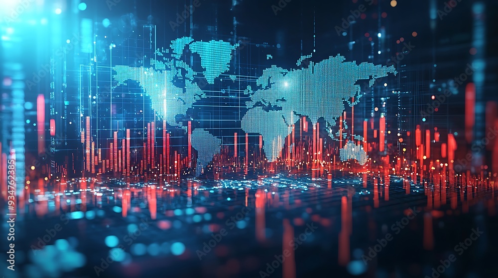 A global network visualized through a digital world map, blending data visualization with abstract technology. A global network visualized through a digital world map, blending data visualization with abstract technology.