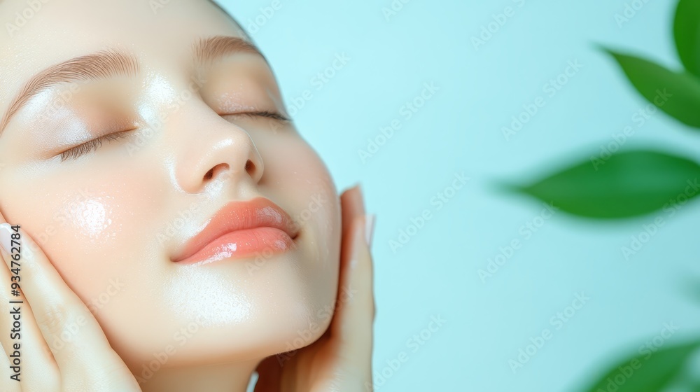 Close up of Beautiful Woman with Glowing Skin and Green Leaves