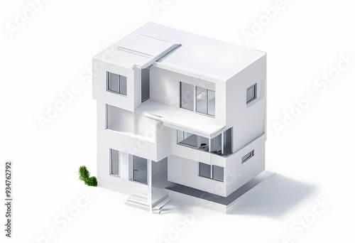 3d render of a modern three story house isolated on white background