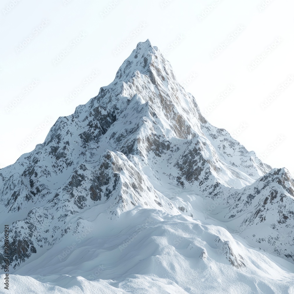 3D Render of a towering mountain peak with frozen cliffs and swirling snow, on isolated white background 3D Render of a towering mountain peak with frozen cliffs and swirling snow, on isolated white background