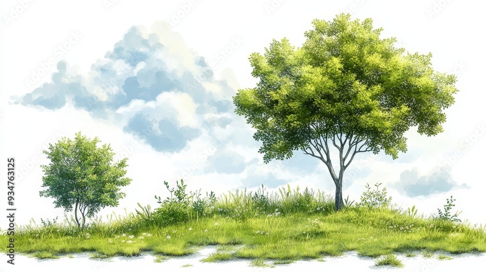 Fototapeta premium Watercolor Illustration of Green Trees and Grass with Cloudy Sky