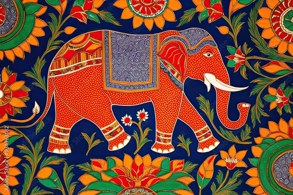 Fototapeta premium Vibrant Traditional Gond Art with Elephants and Floral Designs from India on a Colorful Background