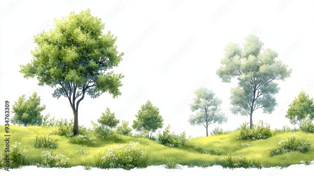 Obraz premium Green Trees and Lush Grass on a Hillside in a Summer Landscape