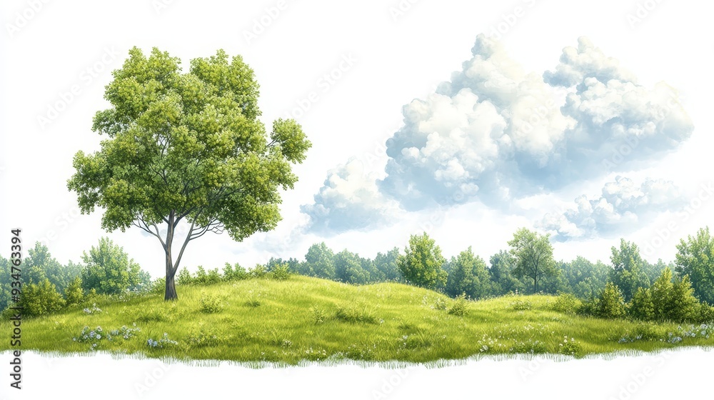 Fototapeta premium Lush Green Meadow with Trees and Clouds Isolated on White Background