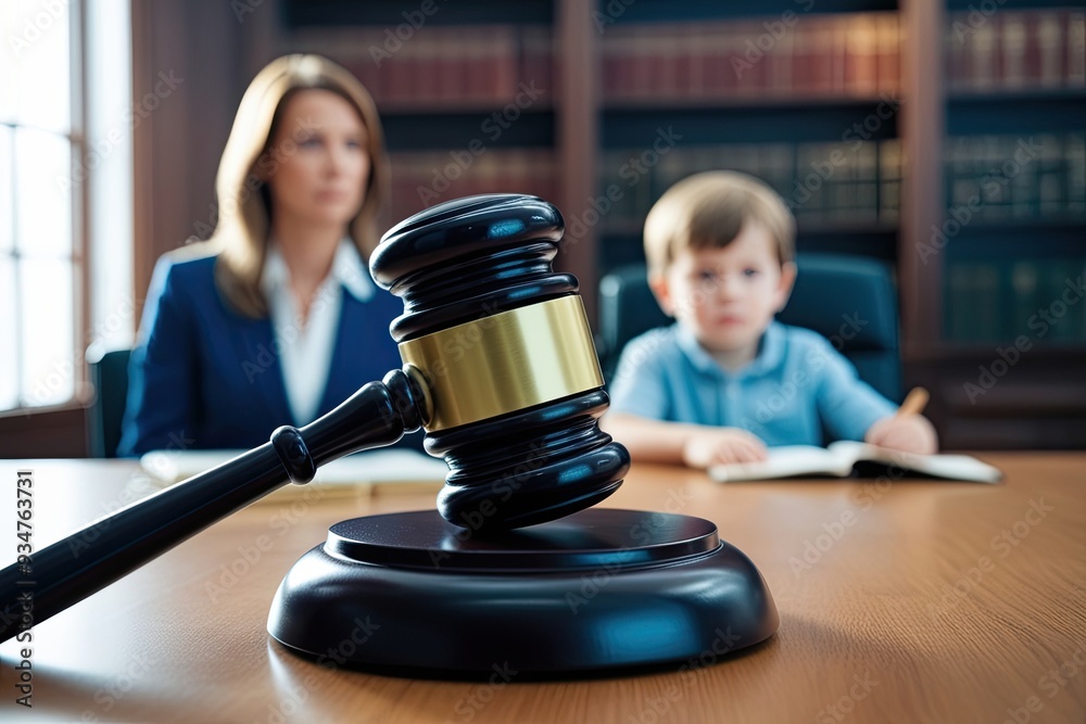 Emotional Depiction of a Gavel and Blurry Child in Courtroom Reflecting Family Dynamics and Custody Issues Emotional Depiction of a Gavel and Blurry Child in Courtroom Reflecting Family Dynamics and Custody Issues