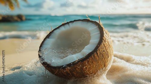 Close-Up of Freshly Cracked Coconut Filled with Clear Coconut Water, Sandy Beach, Tropical Essence photo