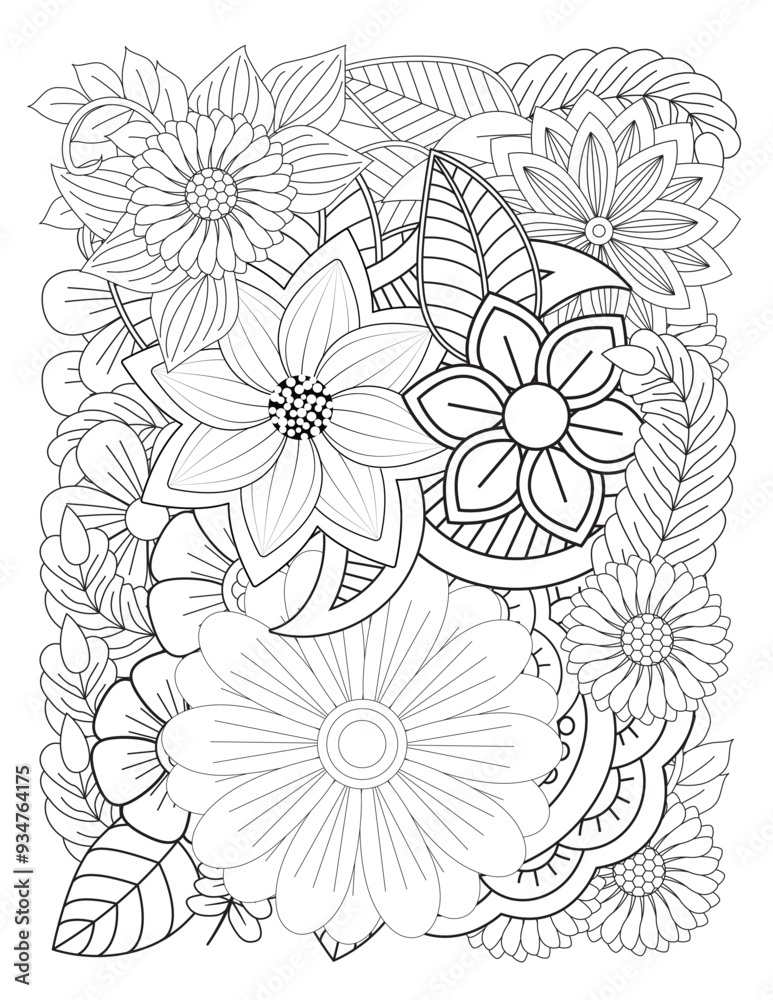 Fototapeta premium Floral picture in black and white for adult coloring books. Coloring page of monochrome flowers and leafs. Doodles pattern, Page for coloring book. Outline flowers. Doodles in black and white