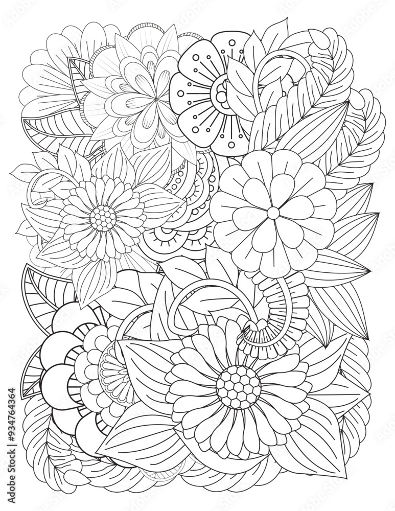 Fototapeta premium Floral picture in black and white for adult coloring books. Coloring page of monochrome flowers and leafs. Doodles pattern, Page for coloring book. Outline flowers. Doodles in black and white