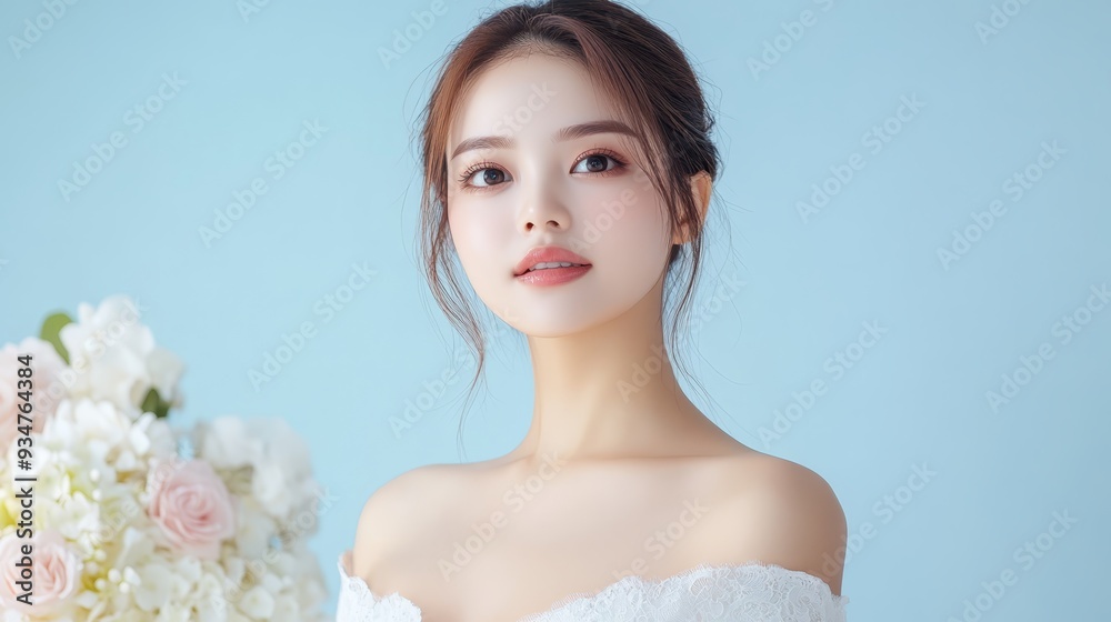 Beautiful Asian Bride with Flowers on Blue Background Beautiful Asian Bride with Flowers on Blue Background