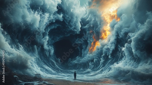 Tidal Waves of Anxiety surreal landscape where towering tidal wave made of swirling dark cloud loom over small fragile figure wave filled abstract pattern representing intrusive thought sky chaotic photo