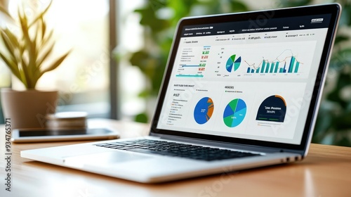 Modern laptop displaying colorful data dashboards and charts, symbolizing analytics, business growth, and productivity.