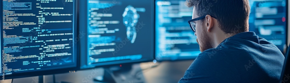 Programmer Working on Code with Multiple Monitors Stock Photo | Adobe Stock
