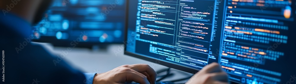 Programmer Working On Computer Code Software Development Closeup Programmer Working On Computer Code Software Development Closeup