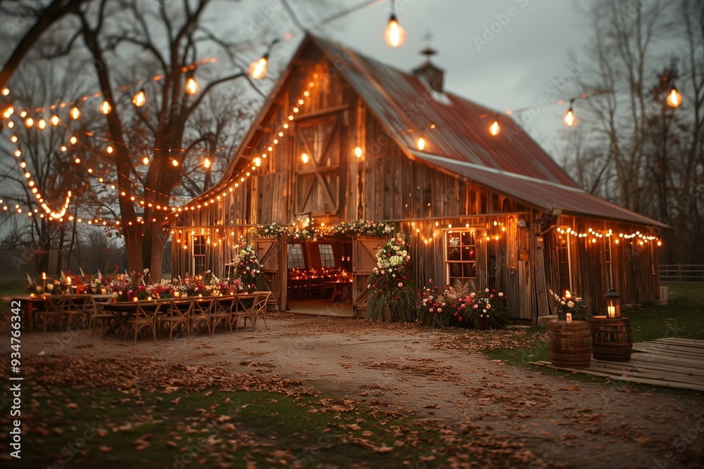 Enchanting Rustic Barn Decorated With Lights for Outdoor Evening Event Enchanting Rustic Barn Decorated With Lights for Outdoor Evening Event