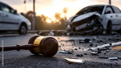 Gavel at Accident Scene, Sideswipe Head-On Collision, Blurred Road Background photo