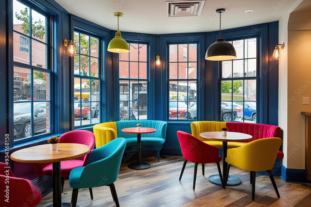 Naklejka premium Cozy Coffee Shop Design Featuring Colorful Chairs and Window Seating